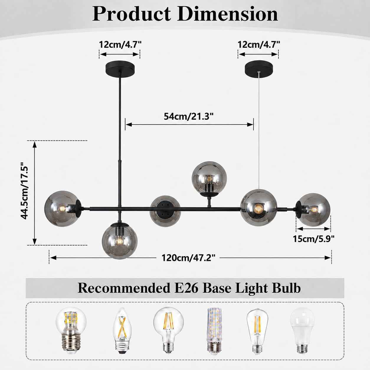 Lighting Lustre De Salon Moderne Noir Avec 6 Lumières, Globes En Verre Gris Fumé Luminaire De Cuisine Suspendu Pour L'Îlot De Cuisine, La Salle À Manger, Le Salon