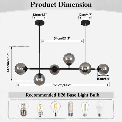 Lighting Lustre De Salon Moderne Noir Avec 6 Lumières, Globes En Verre Gris Fumé Luminaire De Cuisine Suspendu Pour L'Îlot De Cuisine, La Salle À Manger, Le Salon
