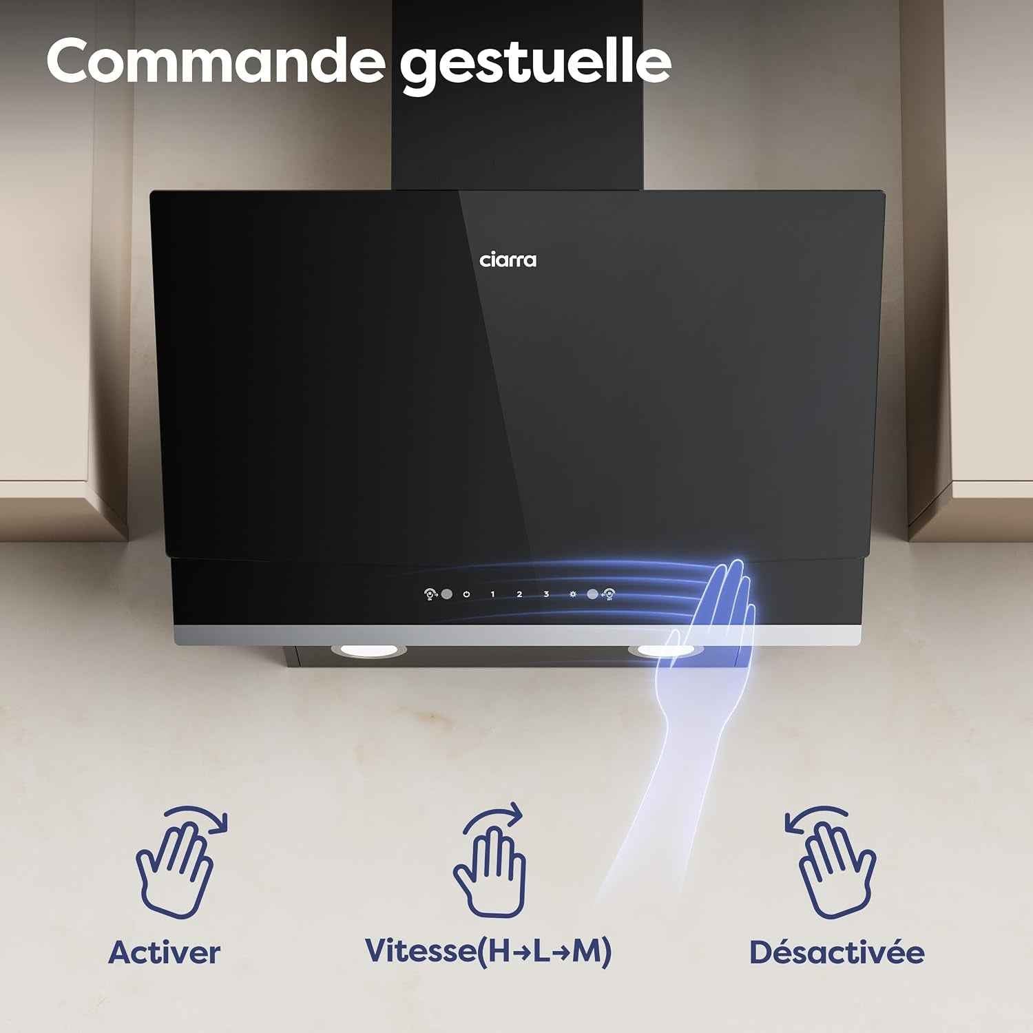 CBCB6736A Hotte Aspirante Inclinée 60 Cm A+++ 710 M³/H Gestuelle | Commande Tactile, 61 Db, Évacuation/Recyclage, Filtre Charbon CBCF003 Inclus, LED 2 Intensités, Verre Noir Facile À Nettoyer