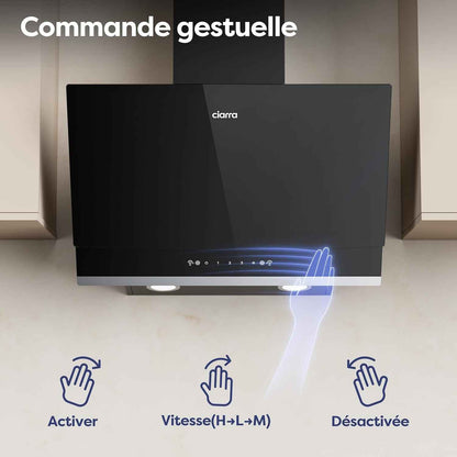 CBCB6736A Hotte Aspirante Inclinée 60 Cm A+++ 710 M³/H Gestuelle | Commande Tactile, 61 Db, Évacuation/Recyclage, Filtre Charbon CBCF003 Inclus, LED 2 Intensités, Verre Noir Facile À Nettoyer