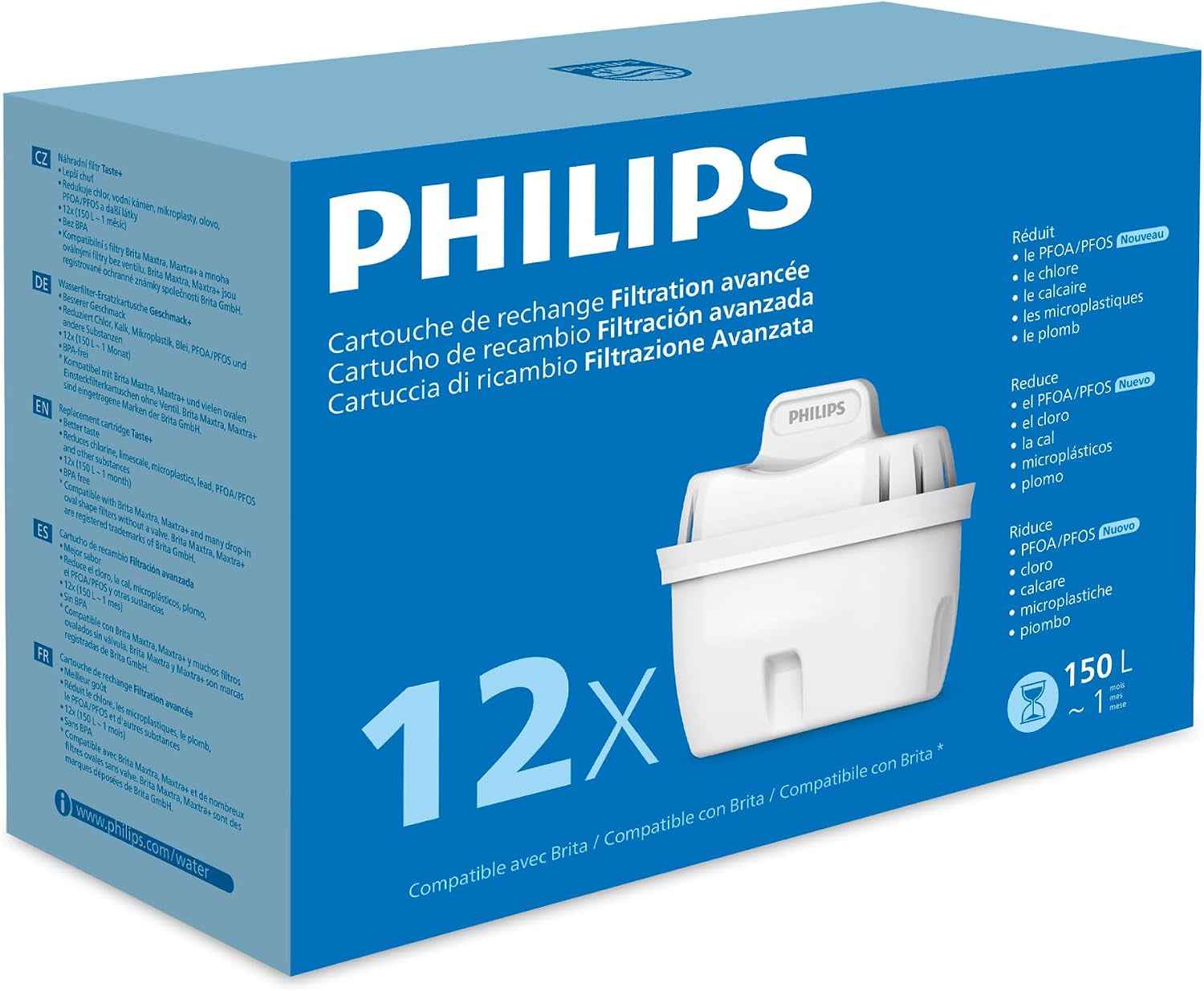 Water Cartouches Filtrantes De Rechange Filtration Avancée, Paquet De 12, Réduisent Les MICROPLASTIQUES, Le CHLORE, Le CALCAIRE, Les MÉTAUX LOURDS, Compatible Avec Brita*