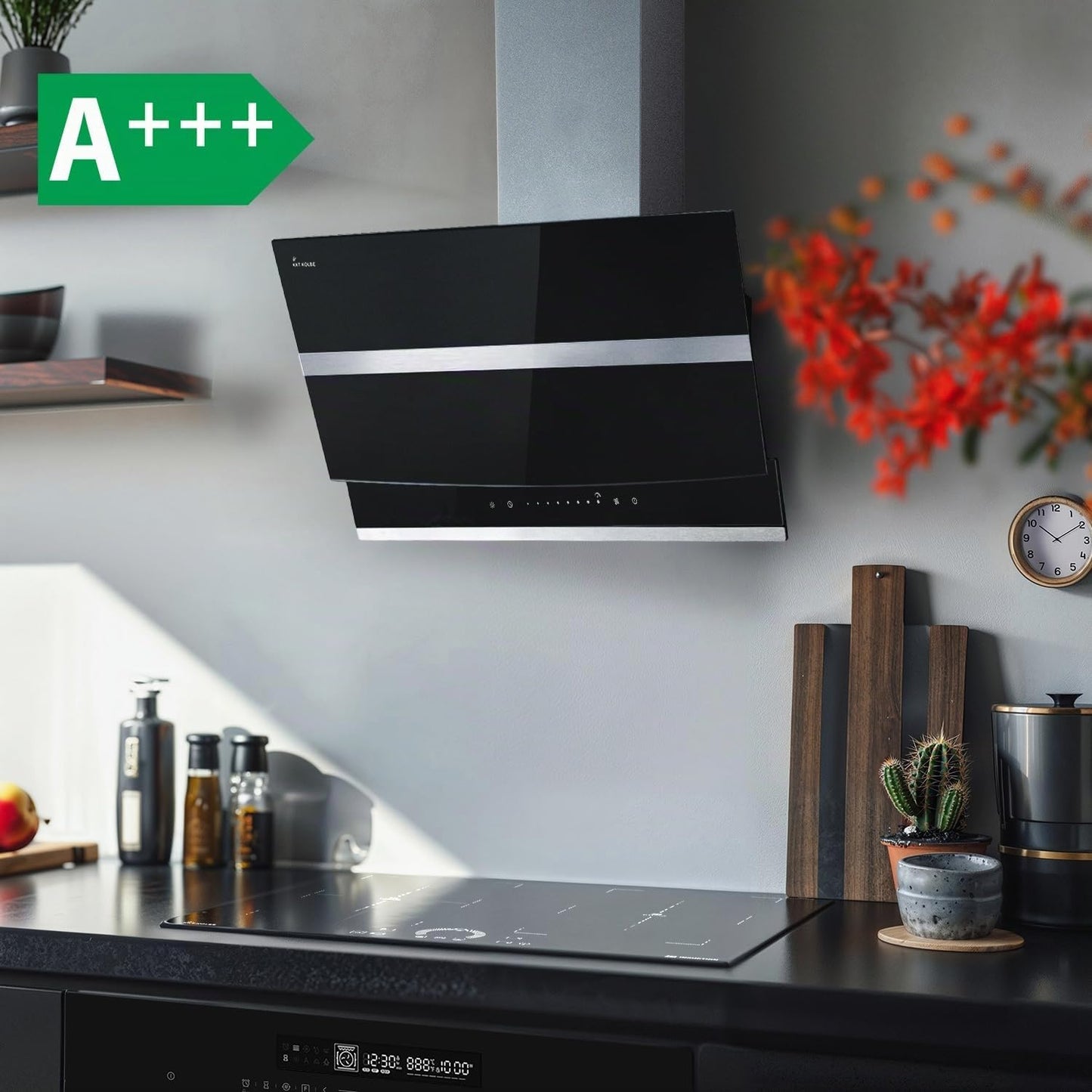 Hotte Aspirante Cuisine 80 Cm | Hotte Murale Inclinées | Acier Inoxydable | Verre Noir | Arrête Automatiquement | Opération Tactile | HERMES8005S