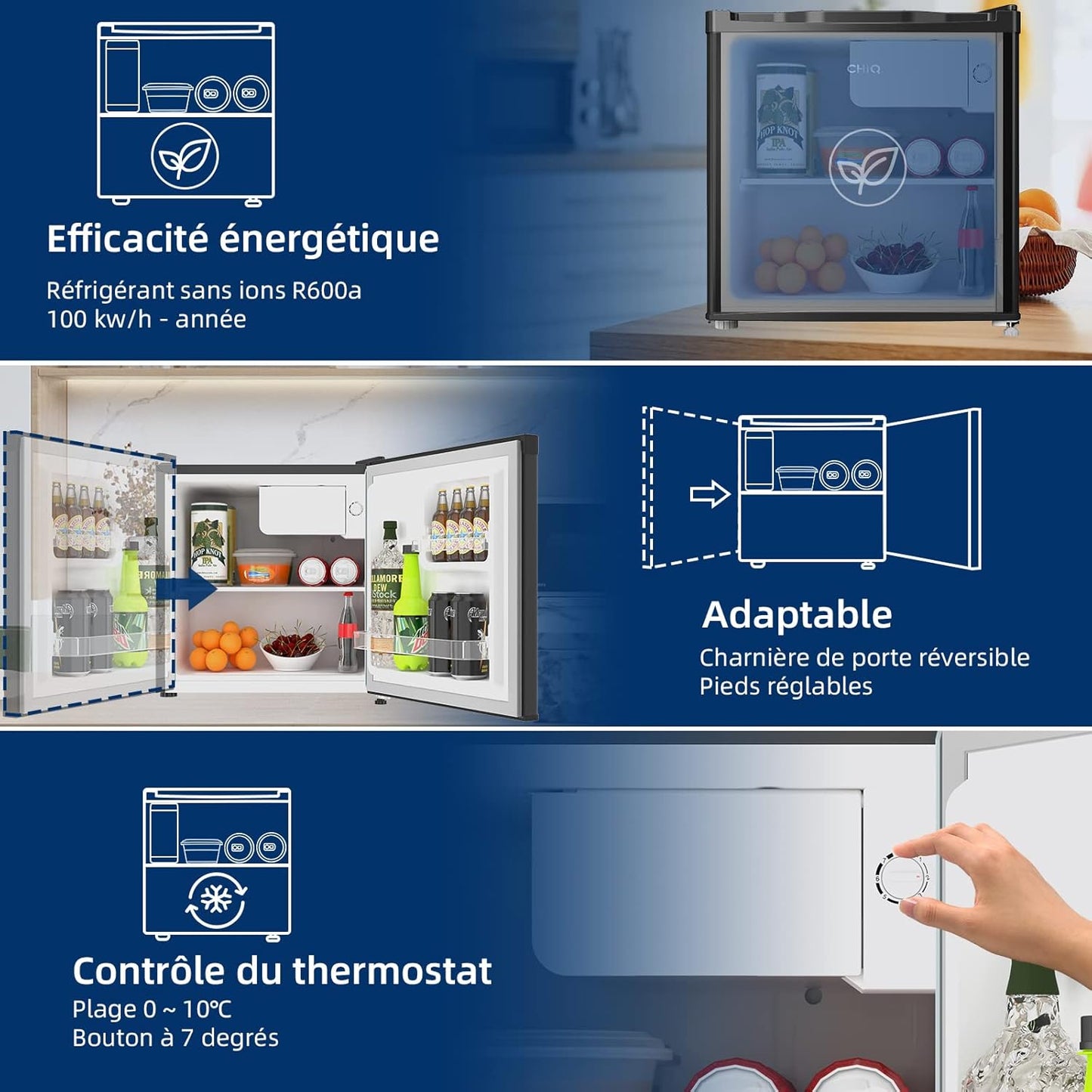- CSD46D4 - Mini Réfrigérateur Bar 46L En Acier Inoxydable, Porte Réversible, 35Db