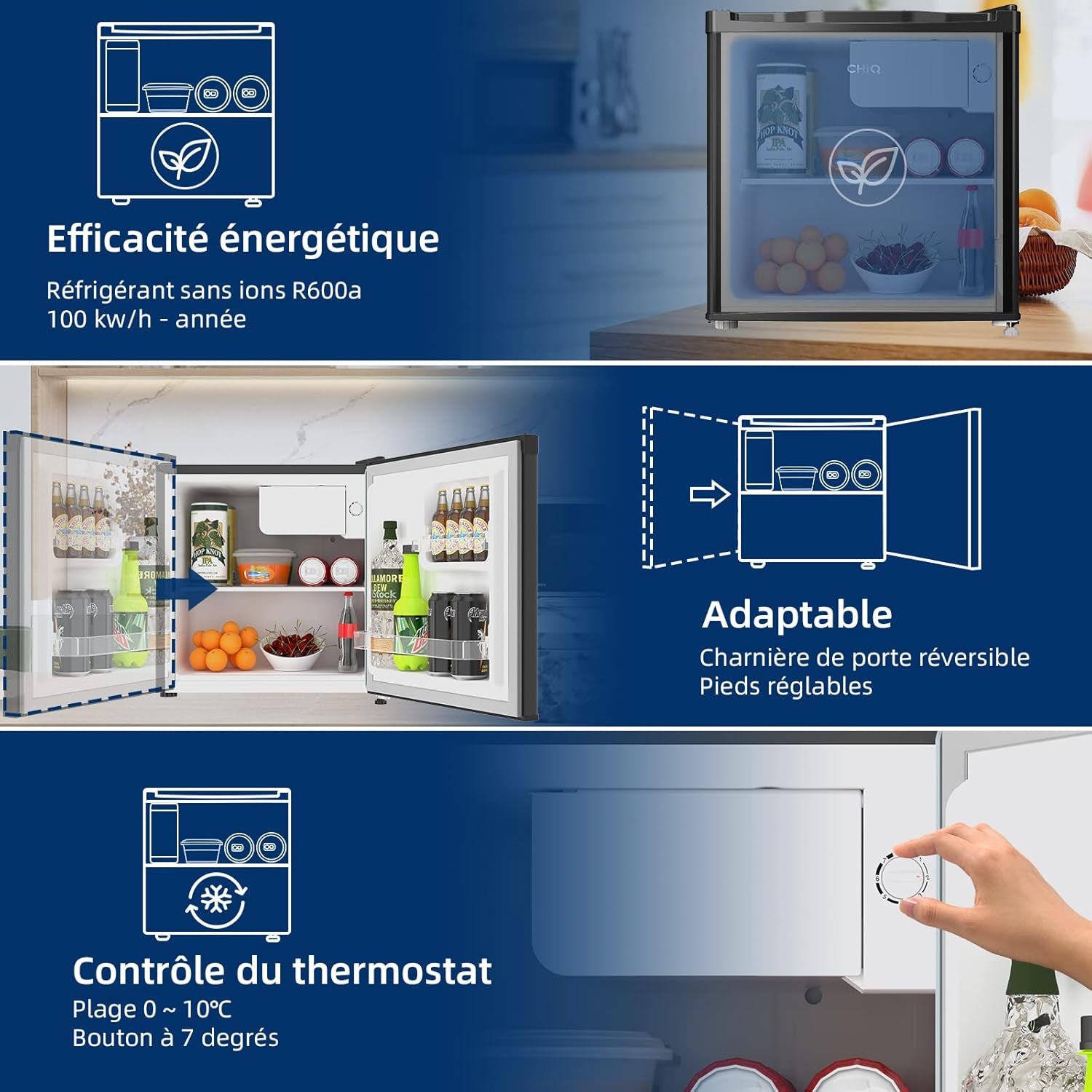 - CSD46D4 - Mini Réfrigérateur Bar 46L En Acier Inoxydable, Porte Réversible, 35Db