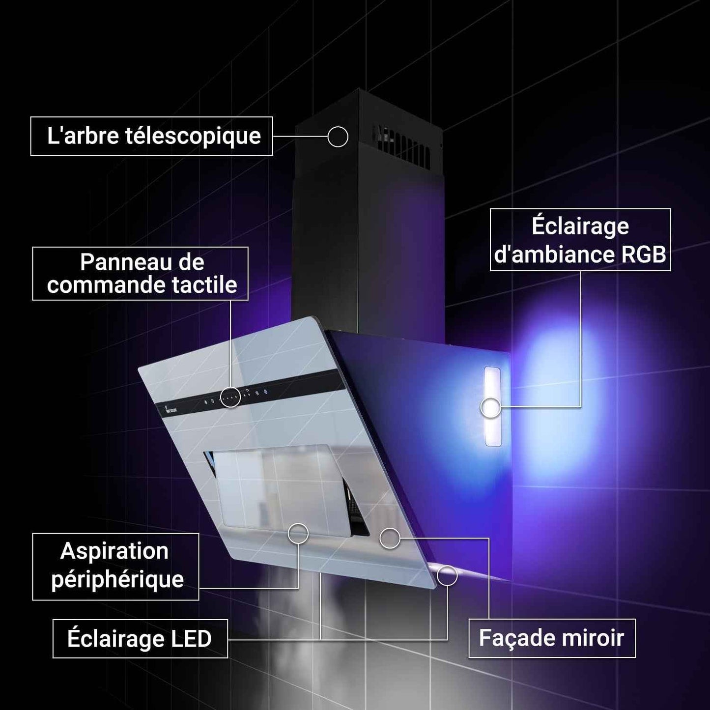 A+++ Hotte Aspirante 80 Cm 782 M³/H Drain Uringang Capot Mural Sans Tête | Miroir En Verre Noir | Démarrage Différé | Smart Wifi App Wi-Fi | Sensortouch | Éclairage LED RGBW | PLOOM8005M
