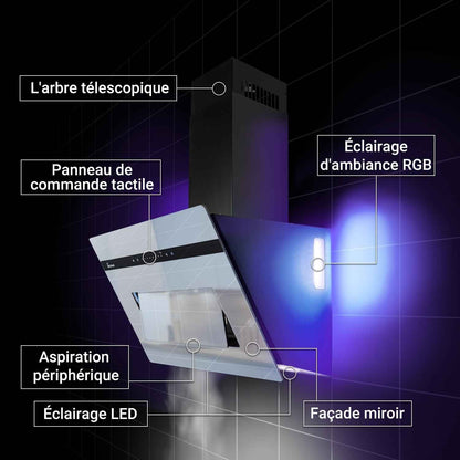 A+++ Hotte Aspirante 80 Cm 782 M³/H Drain Uringang Capot Mural Sans Tête | Miroir En Verre Noir | Démarrage Différé | Smart Wifi App Wi-Fi | Sensortouch | Éclairage LED RGBW | PLOOM8005M