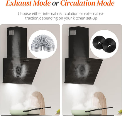 Hotte Aspirante 60Cm - Hotte De Cuisine Inclinée Avec Moteur Sans Balais, 3 Vitesses, Filtres À Charbon Inclus, Évacuation Ou Recyclage, Noir | Extracteur D'Air Mural Pour Cuisine, Recirculation Et Conduit