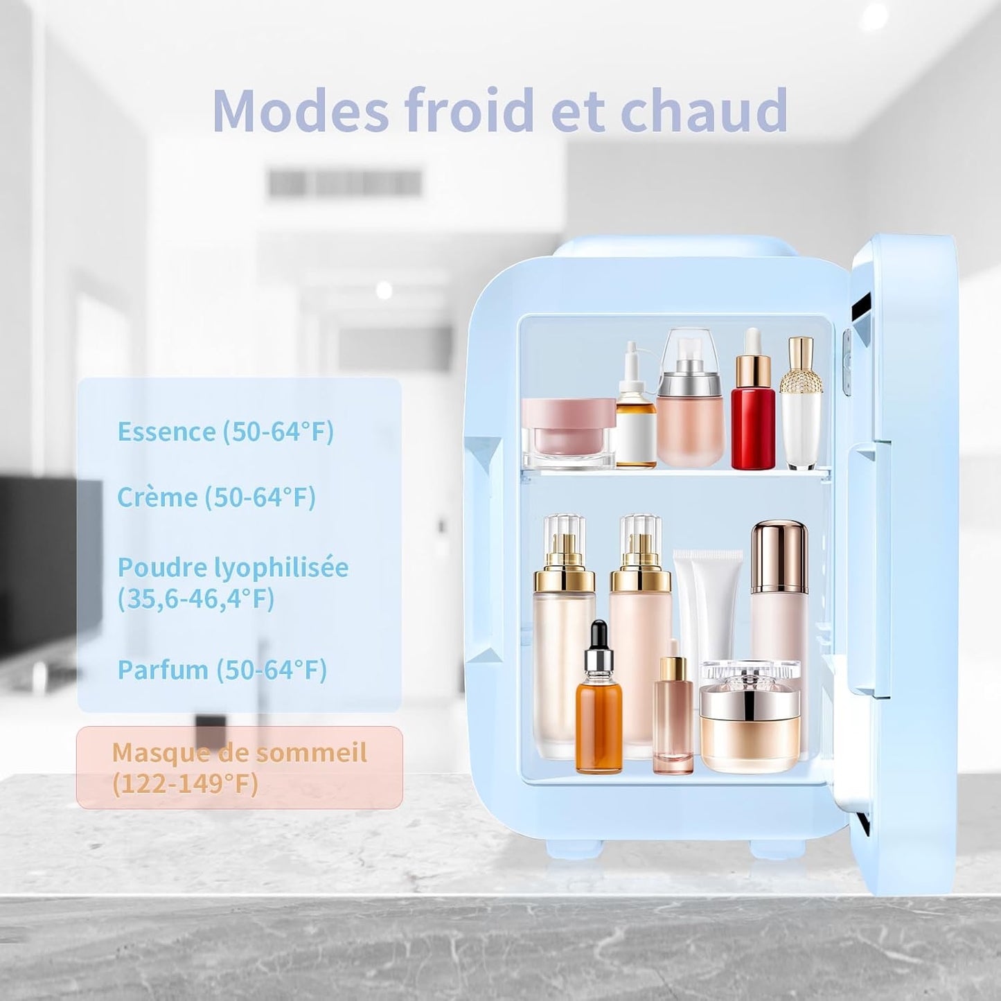 Mini Frigo Pour Chambre, Frigo Skincare Avec Miroir LED, Petit Frigo De 4L Portable, Thermoelectrique Chauffe & Refroidisseur 220V AC / 12V DC Pour Voiture, Bureau, Dortoir (Bleu)