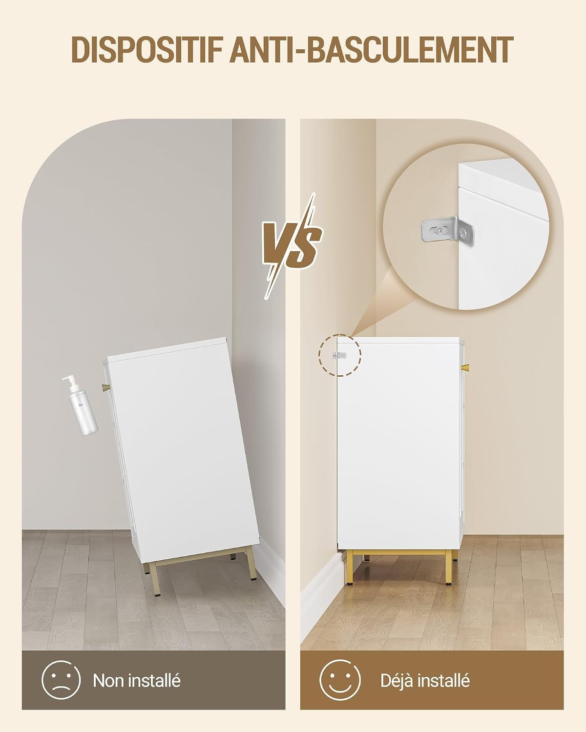 Meuble De Salle De Bain Avec 2 Portes, 3 Compartiments Ouverts | Meuble De Rangement Et Étagères Réglables, Armoire Sur Pied, Pour Salon, Entrée, 35 X 100 X 75 Cm, Blanc-Or SC10203G