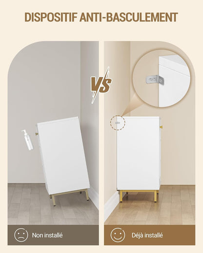 Meuble De Salle De Bain Avec 2 Portes, 3 Compartiments Ouverts | Meuble De Rangement Et Étagères Réglables, Armoire Sur Pied, Pour Salon, Entrée, 35 X 100 X 75 Cm, Blanc-Or SC10203G
