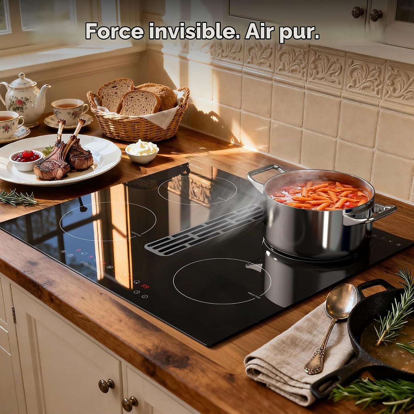 Plaque À Induction Avec Hotte Aspirante De 135W, Plaque Induction 4 Feux Encastrable 60CM, Fonction Booster, Minuterie, Pause, Table De Cuisson À Induction 6400W, 220V, Sans Prise