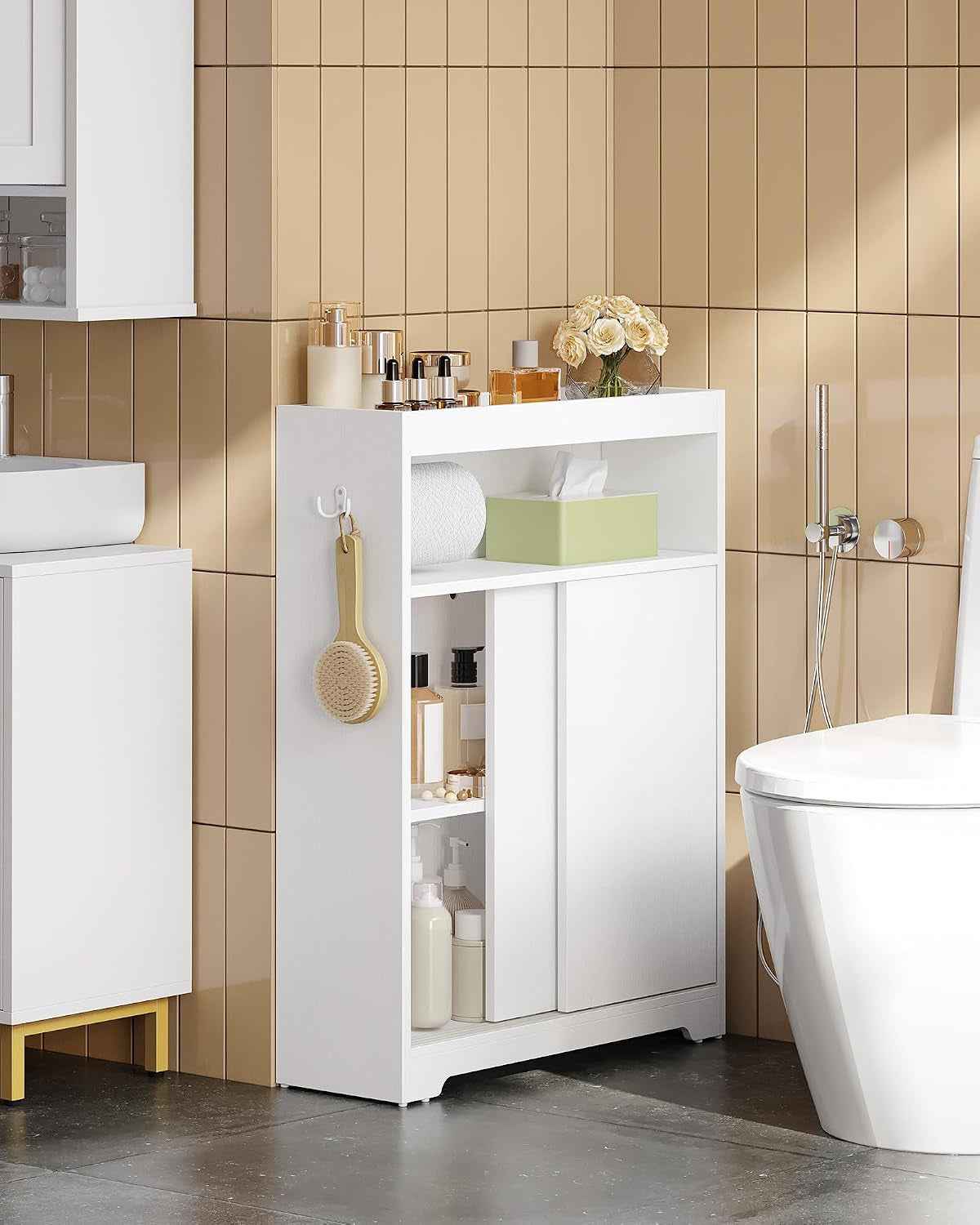 Meuble De Salle De Bain, Meuble Toilette Avec Rangement Papier Toilette Et Crochets, Portes Coulissantes, Étagère Réglable, 20 X 60 X 80 Cm, Blanc BC62813X