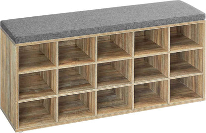 Banc À Chaussures, Organiseur De Chaussures Avec 15 Compartiments, Siège Rembourré, Pour Entrée, Couloir, Placard, Marron Turquoise Et Gris Tourterelle LHS015T60