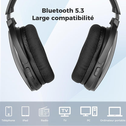 Casque Sans Fil Pour Regarder La Télévision Avec Station De Charge Et Émetteur RF, Casque TV Confortable Pour Seniors, Compatible Avec Toutes Les Télévisions (Noir)