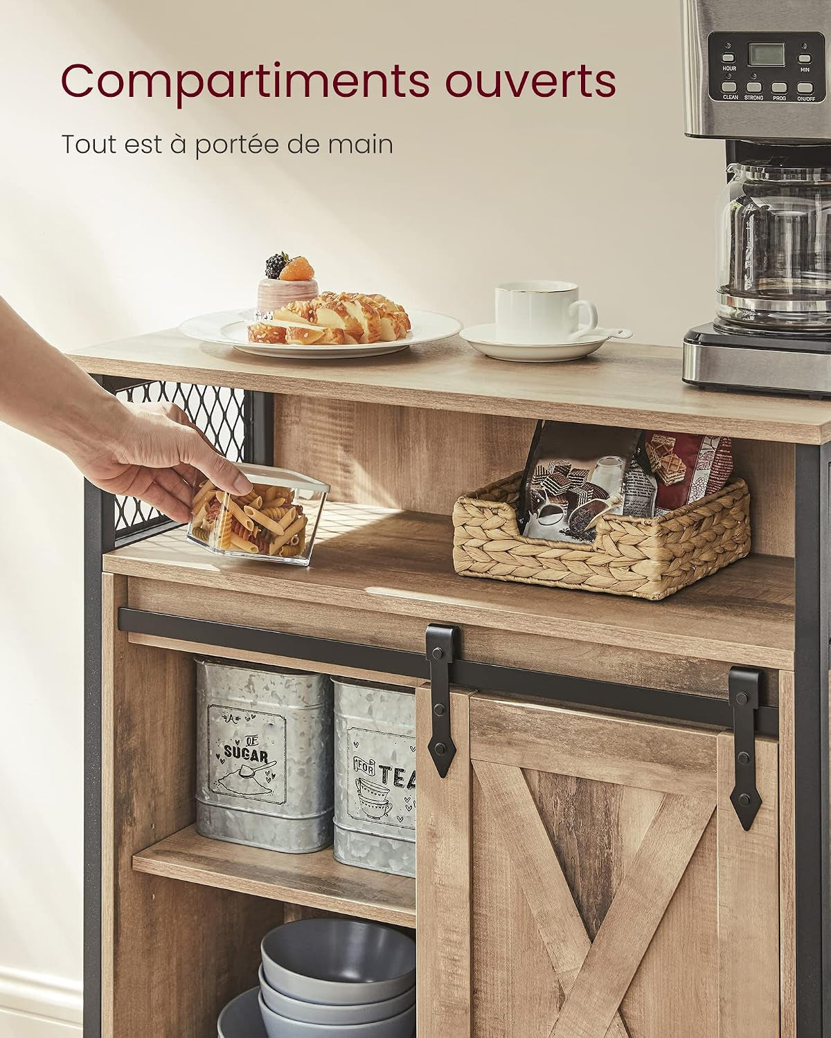 Meuble De Rangement, Buffet Cuisine, Commode, Avec Porte Coulissante, 30 X 70 X 80 Cm, Étagères Réglables, Pour Salon, Marron Camel Et Noir D'Encre LSC089B50V1 | DAXTON LSC089B50 Armoire De Cuisine, Étagère Réglable, Compartiment Ouvert, Style Industriel,