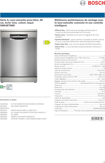 SMS4ETI00E- Série 4 - Lave-Vaisselle Pose-Libre - 60 Cm - 13 Couverts - Silence plus 44 Db - Acier Inox