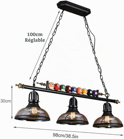 Lustre Billard E27 Luminaire Suspendu 3 Lumières Abat-Jour En Verre Plafonnier En Métal Industriel Lampe À Suspension En Fer Noir Salon Corridor Club Chambre Cuisine Billard Hall Éclairage
