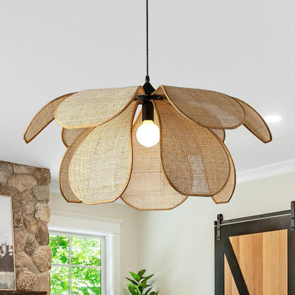Suspension Rotin Vintage,Fleur Créative Lustre Rotin, Luminaire En Bambou Tressé Max 60W, Pour Salon Chambre Cuisine Couloir (60CM)