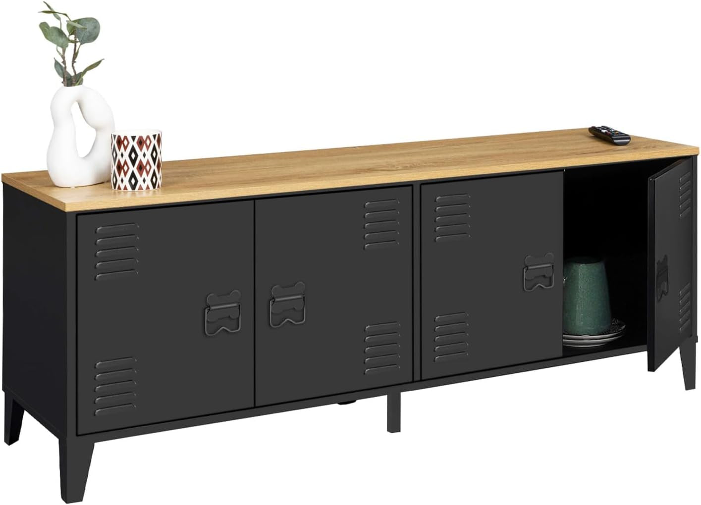 - Buffet Bas Ester 140 Cm Métal Noir Design Industriel | Plan De Travail H.83 Cm, 4 Portes, Plateau Bois