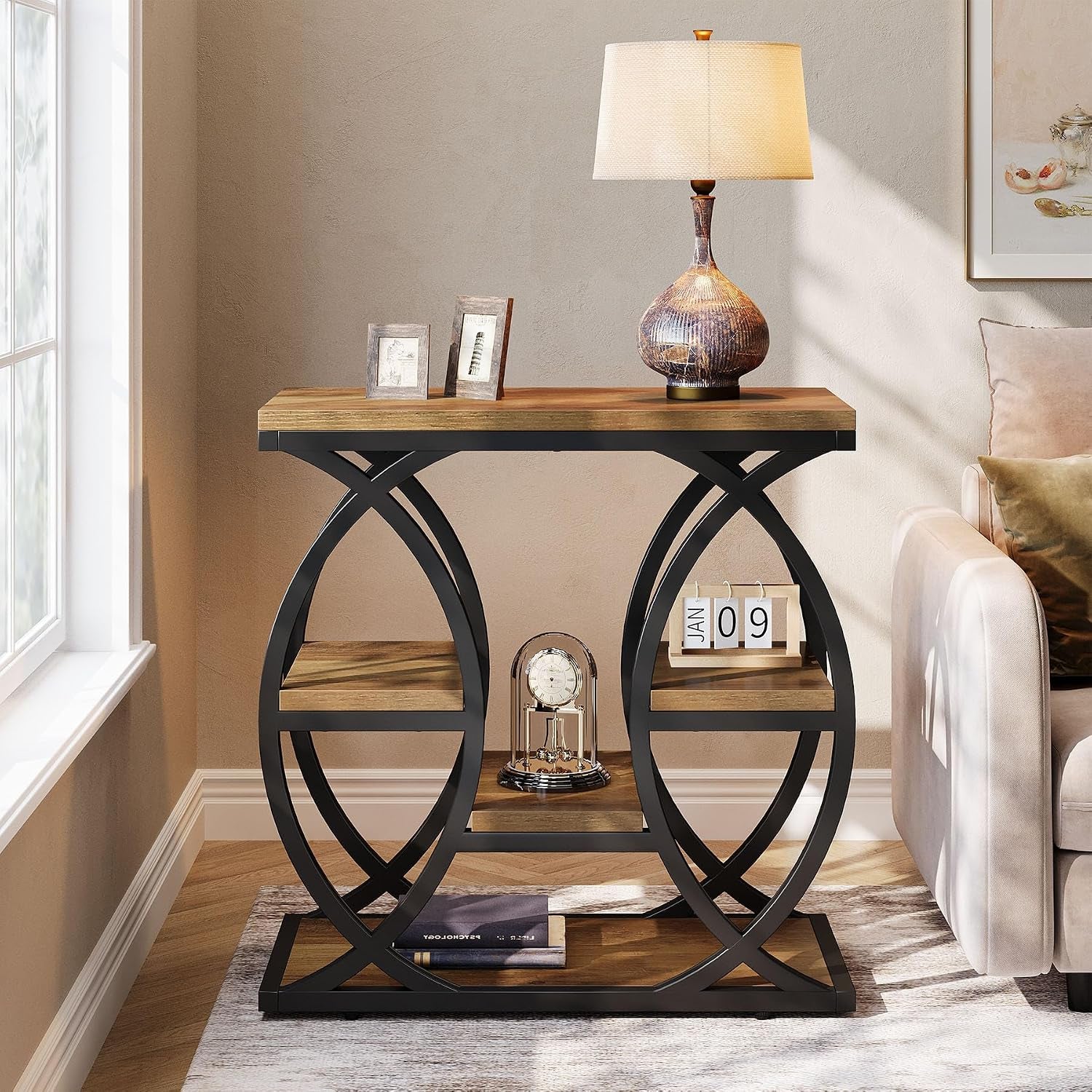 Table D'Appoint Avec 4 Étagères, Table De Chevet Étroite Avec Espace De Rangement, Table Basse Industrielle Pour Salon, Chambre À Coucher, Entrée, Marron Clair