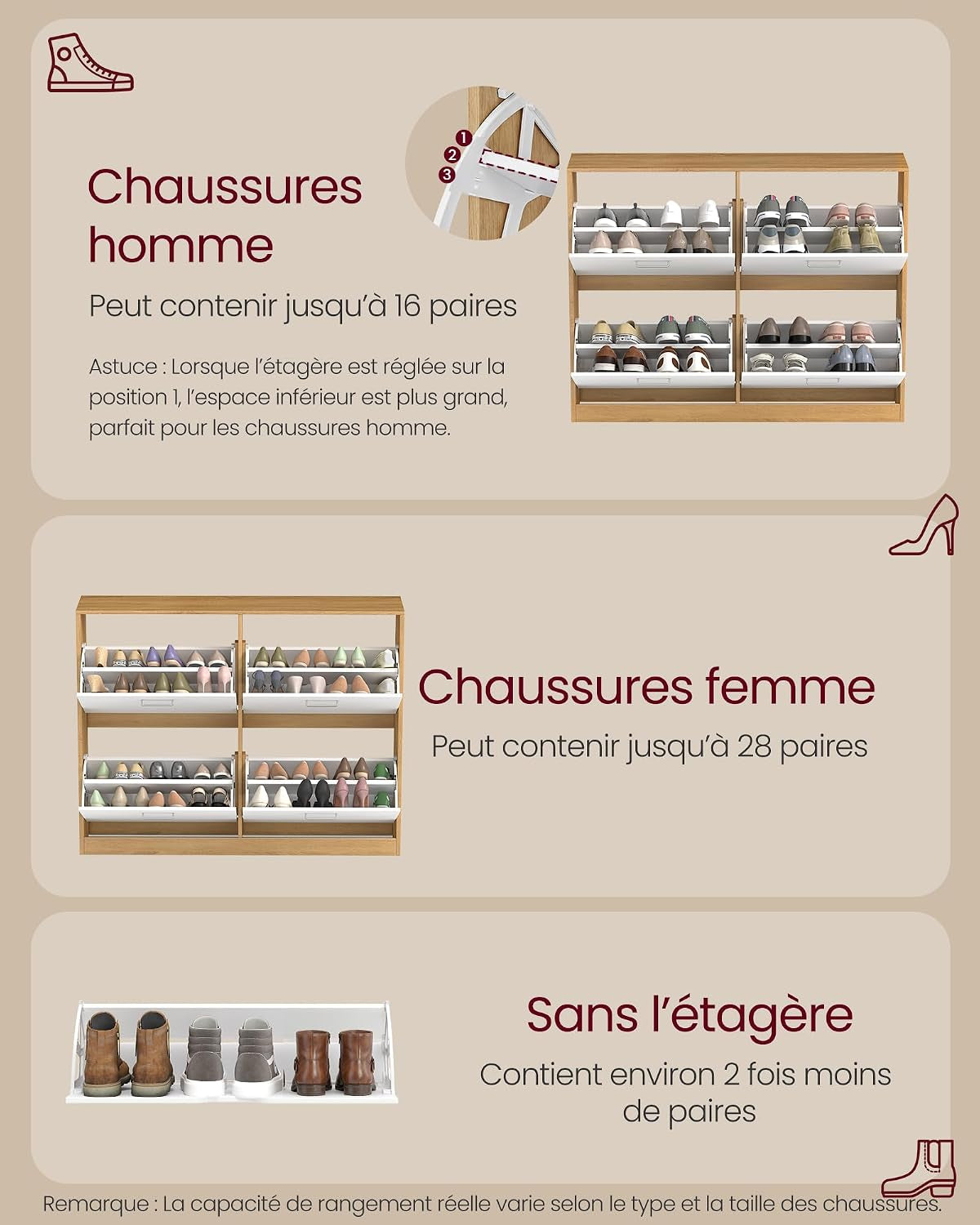 Custos Collection - Meuble À Chaussures À 3 Abattants, Placard De Rangement À 3 Niveaux, 3 Compartiments, Pour Entrée, Salon, Chambre, Doré Chêne LBC035YA01