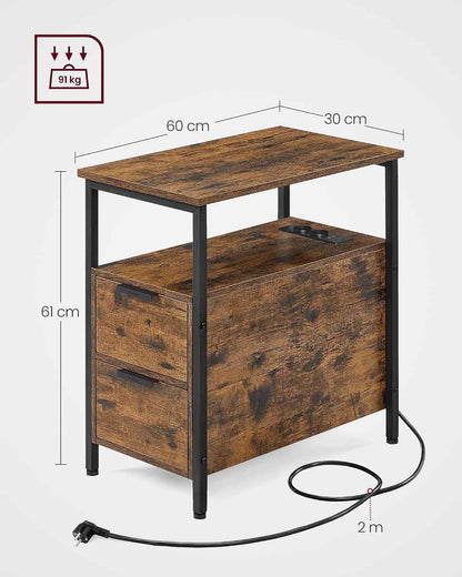 Table D’Appoint Avec Multiprise, Petite Et Fine Avec 2 Tiroirs, Table De Chevet Avec Rangement, Pour Salon, Chambre, Marron Rustique Et Noir D'Encre LET325B01