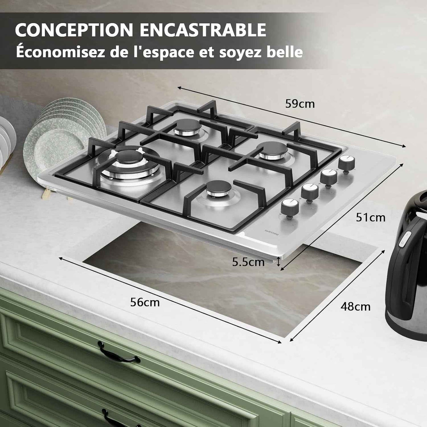 Plaque De Cuisson Gaz 4 Feux Inox, Plaque Gaz 60 Cm Encastrable, 7,8 Kw, Gaz De Ville Et Bouteille, Sécurité Thermocouple, Grille Fonte