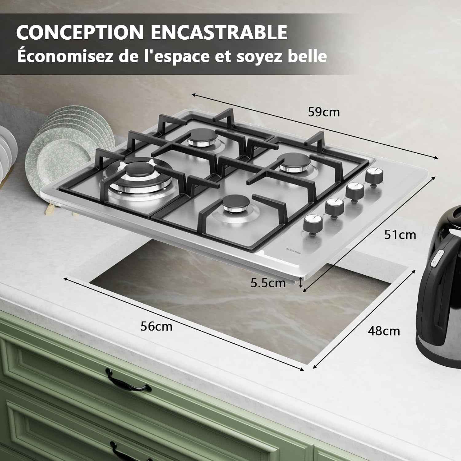 Plaque De Cuisson Gaz 4 Feux Inox, Plaque Gaz 60 Cm Encastrable, 7,8 Kw, Gaz De Ville Et Bouteille, Sécurité Thermocouple, Grille Fonte