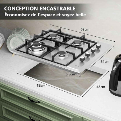 Plaque De Cuisson Gaz 4 Feux Inox, Plaque Gaz 60 Cm Encastrable, 7,8 Kw, Gaz De Ville Et Bouteille, Sécurité Thermocouple, Grille Fonte