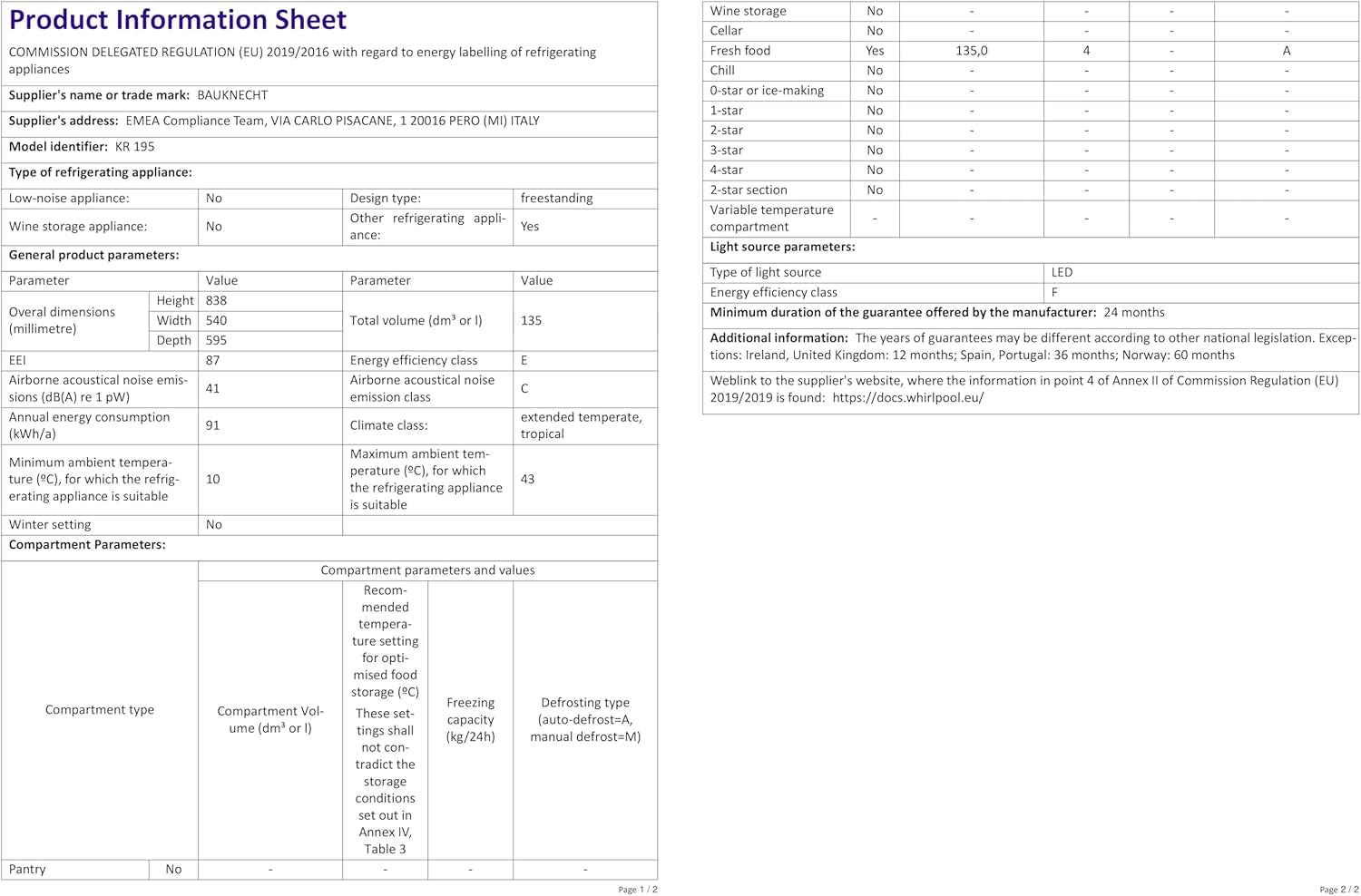 Bauknecht KR 195 a Réfrigérateur/Capacité Totale : 127 L/Dégivrage Automatique Dans Le Réfrigérateur / 3 Compartiments De Porte, Blanc