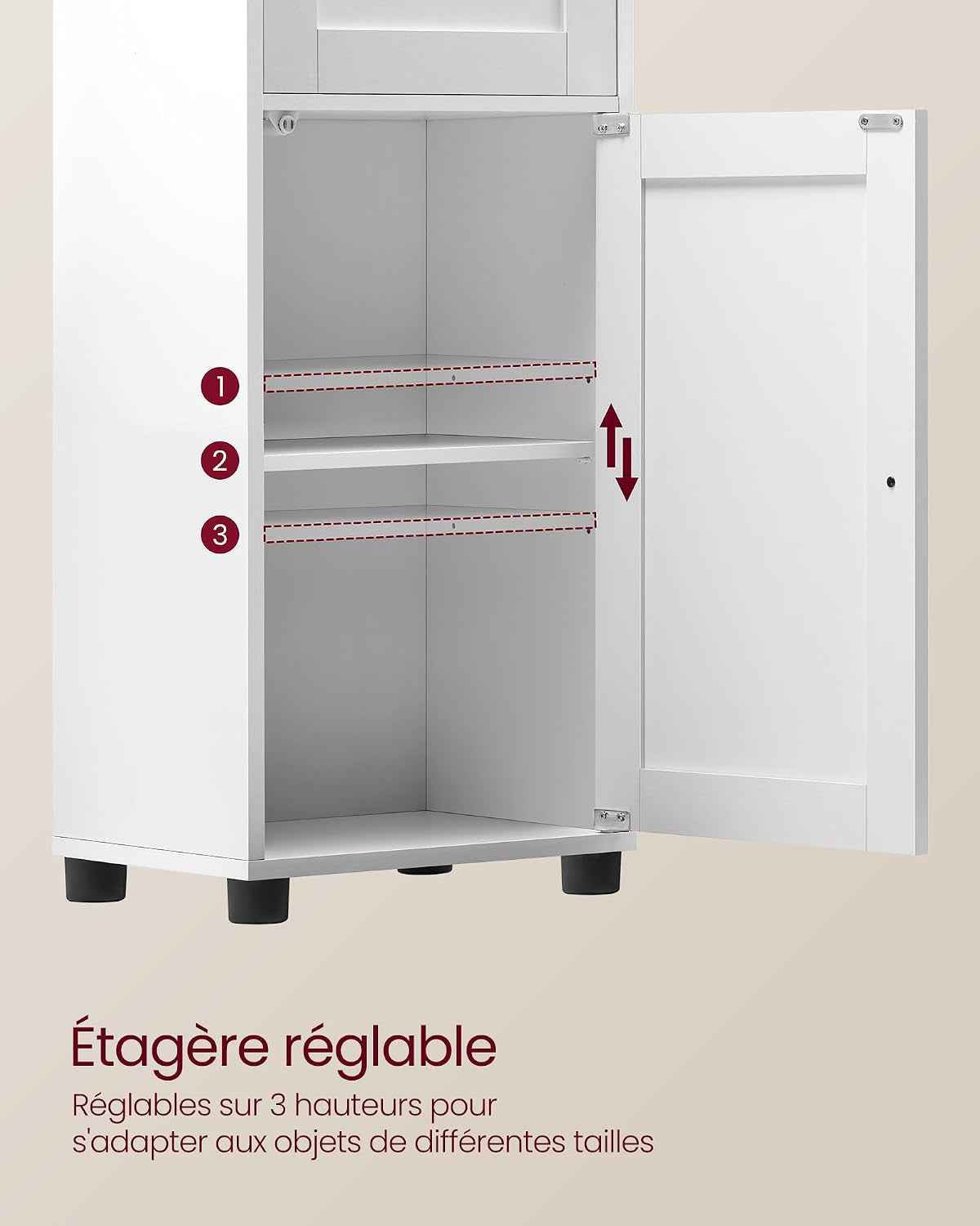 Meuble Salle De Bain, Colonne, Rangement Avec Étagères Réglables, Placards À Porte, Tiroir, Compartiment, Gain De Place, Blanc Nuage BBK163W01