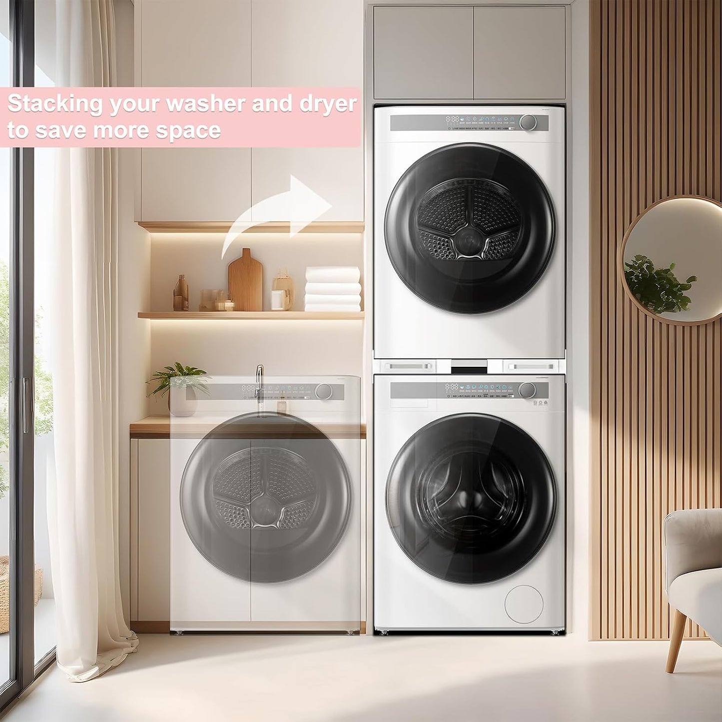 Kit De Superposition Universel, Avec 6 Tiges Télescopiques | Universel Cadre Intermédiaire Pour Lave-Linge Et Sèche-Linge Avec Corde À Cliquet, Taille Réglable（Largeur: 56-69Cm）