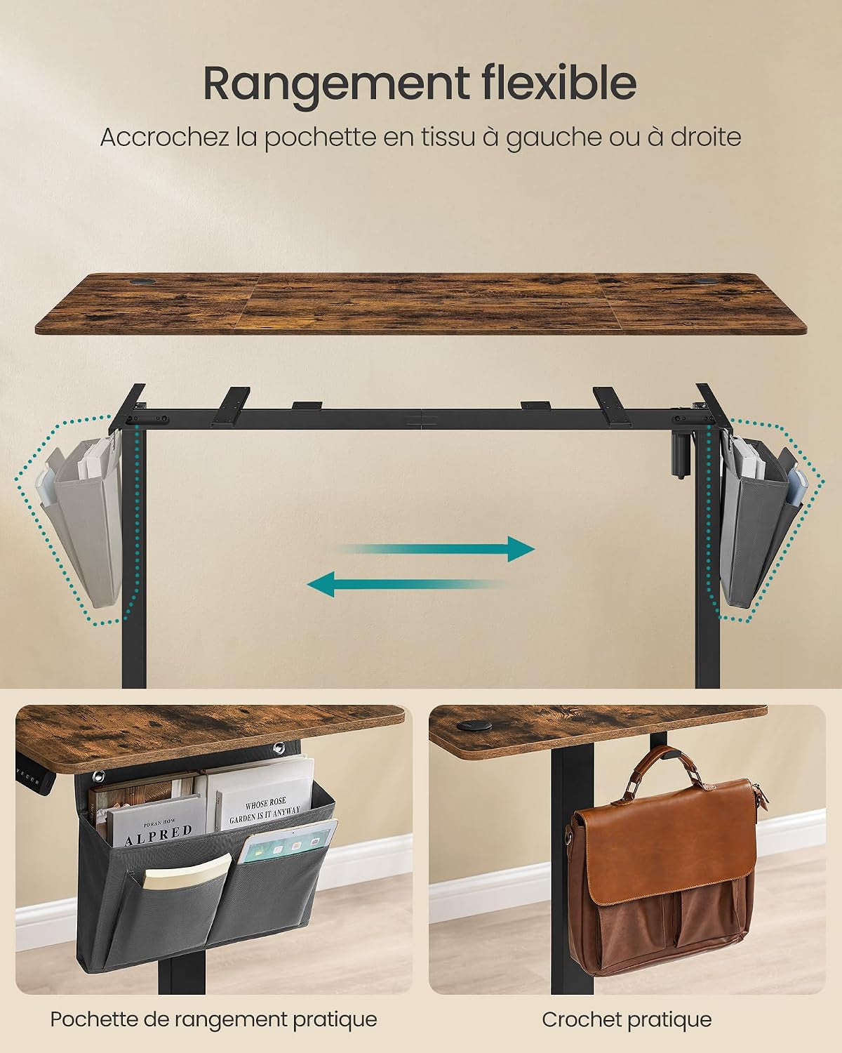Bureau Électrique Réglable En Hauteur, 160 X 70 Cm, Table Assis-Debout, Fonction Mémoire 4 Hauteurs, Pour Bureau, Télétravail, Marron Rustique Et Noir D'Encre LSD136K01