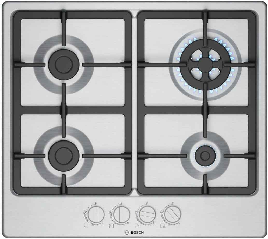 PGH6B5K90 Série 4 Plateau Cuisson À Gaz, Brûleur Wok : Puissance Jusqu'À 3,3 Kw, Grilles En Fonte, Acier, 60 Cm, 3 Zones + Wok, Inox