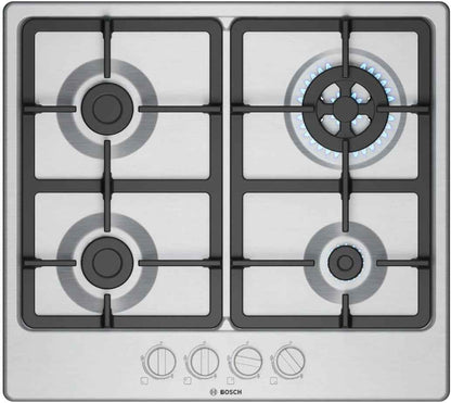 PGH6B5K90 Série 4 Plateau Cuisson À Gaz, Brûleur Wok : Puissance Jusqu'À 3,3 Kw, Grilles En Fonte, Acier, 60 Cm, 3 Zones + Wok, Inox