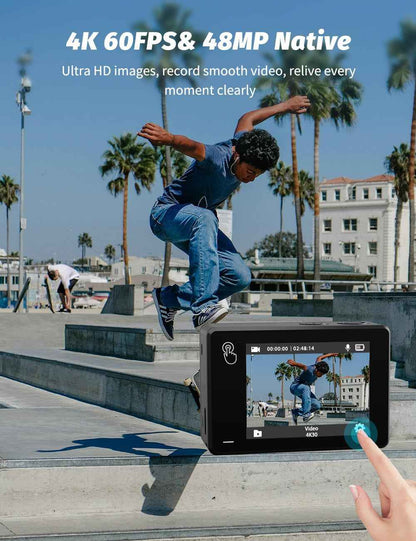 Caméra Sport 4K Étanche Action Cam Wifi EIS Double Écran Tactile | 4K60FPS, Photo 48MP, Stabilisation EIS, Camera Sous-Marine, 8 X Zoom, Télécommande, 2 Batteries 1350Mah, Kit D'Accessoires