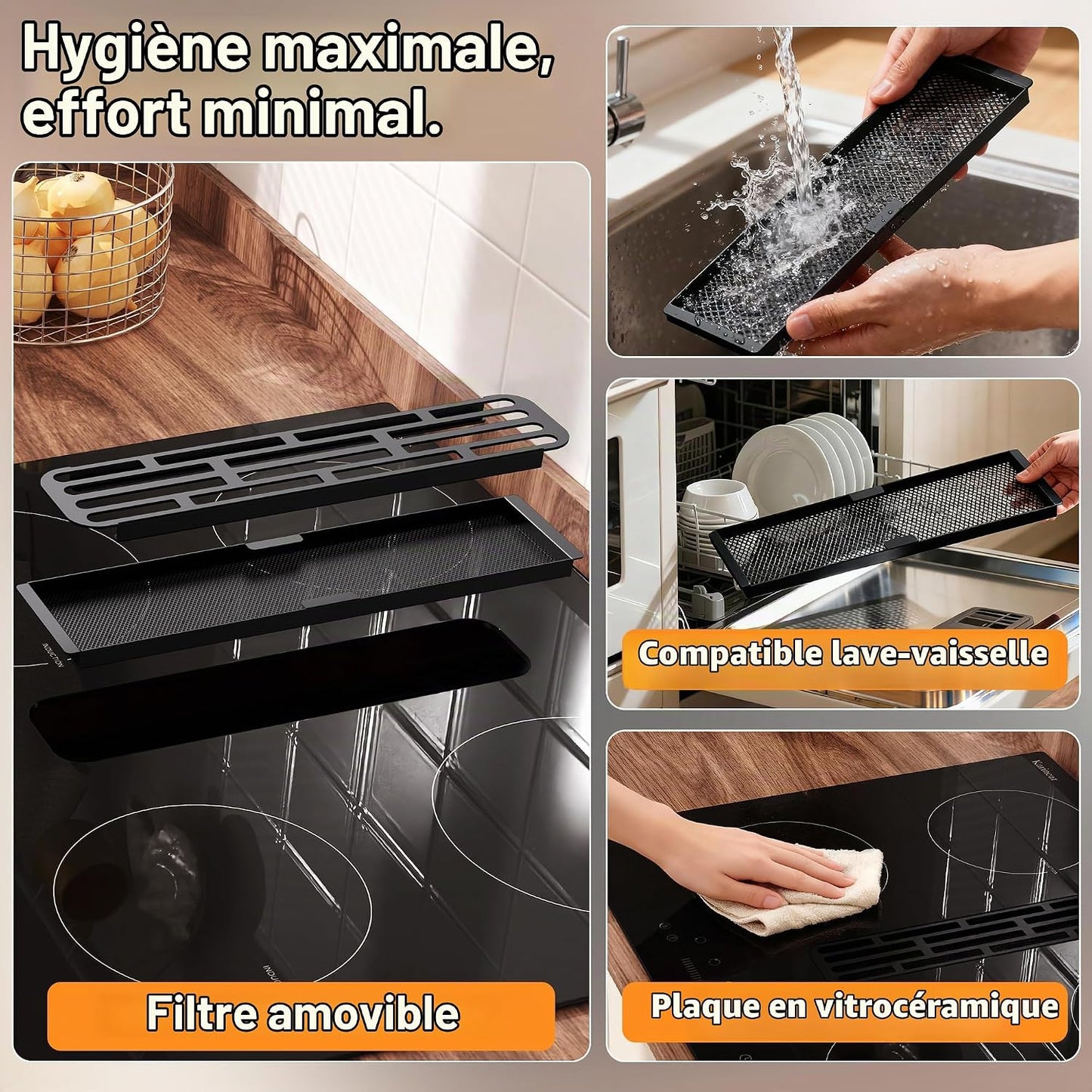 Plaque À Induction Avec Hotte Aspirante De 135W, Plaque Induction 4 Feux Encastrable 60CM, Fonction Booster, Minuterie, Pause, Table De Cuisson À Induction 6400W, 220V, Sans Prise