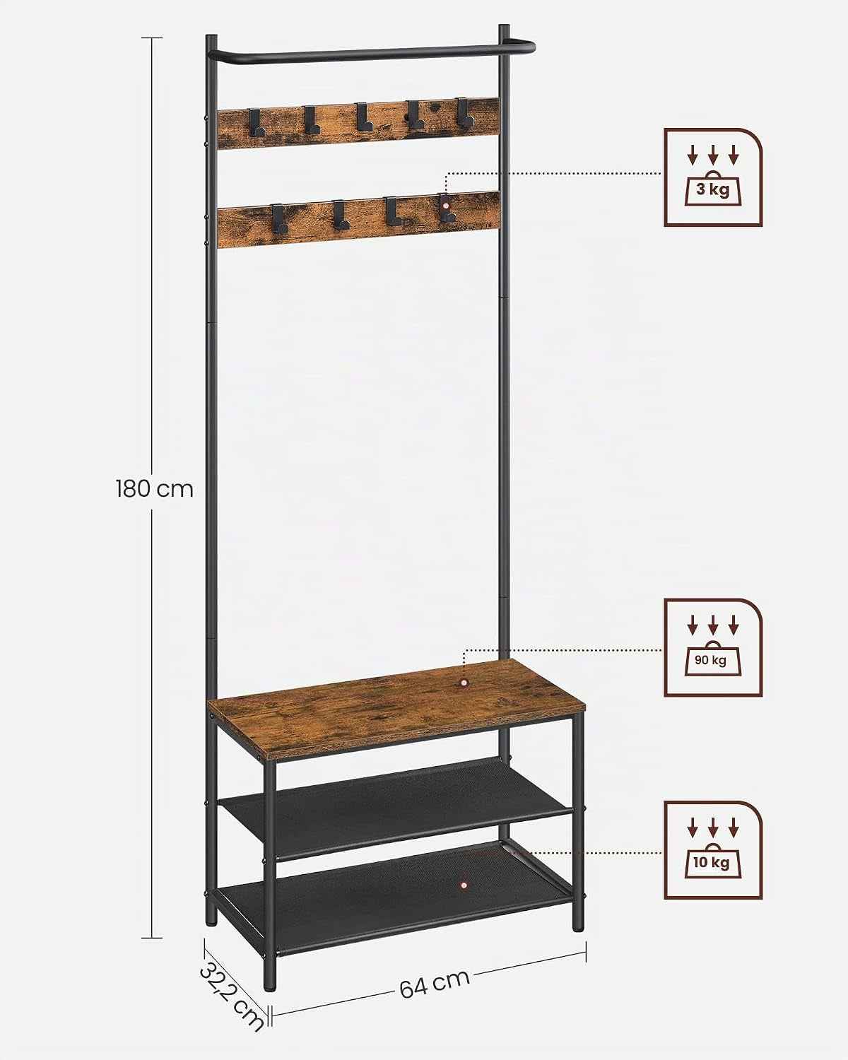 Meuble D’Entrée, Porte-Manteaux, Avec Banc Et Étagère À Chaussures, 9 Crochets Amovibles, Tringle, 32,2 X 64 X 180 Cm, Pour Entrée, Chambre, Style Industriel, Marron Rustique Et Noir HSR411B01