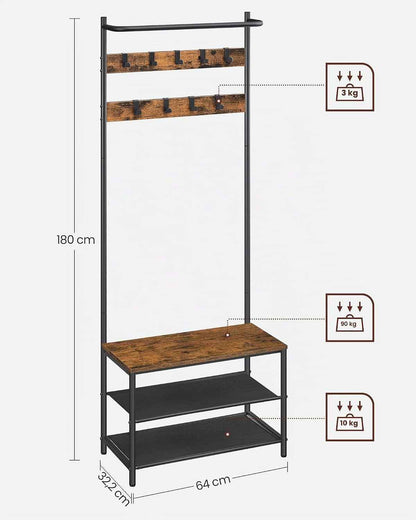 Meuble D’Entrée, Porte-Manteaux, Avec Banc Et Étagère À Chaussures, 9 Crochets Amovibles, Tringle, 32,2 X 64 X 180 Cm, Pour Entrée, Chambre, Style Industriel, Marron Rustique Et Noir HSR411B01