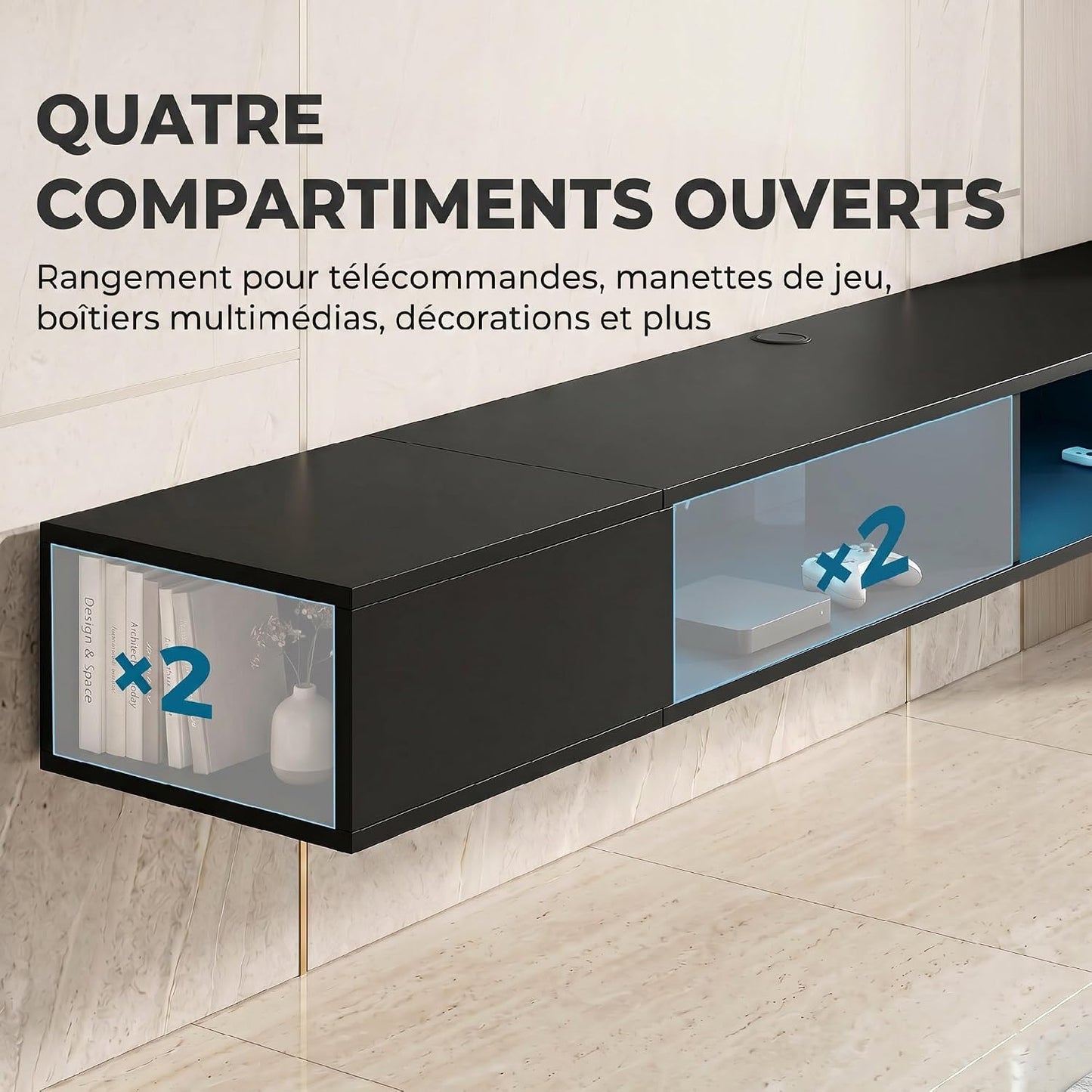 Meuble TV Suspendu 180 Cm Avec LED RGB Pour TV 75 Pouces Noir | Meuble Télé, Étagères Ouvertes, Banc TV Mural Pour Salon