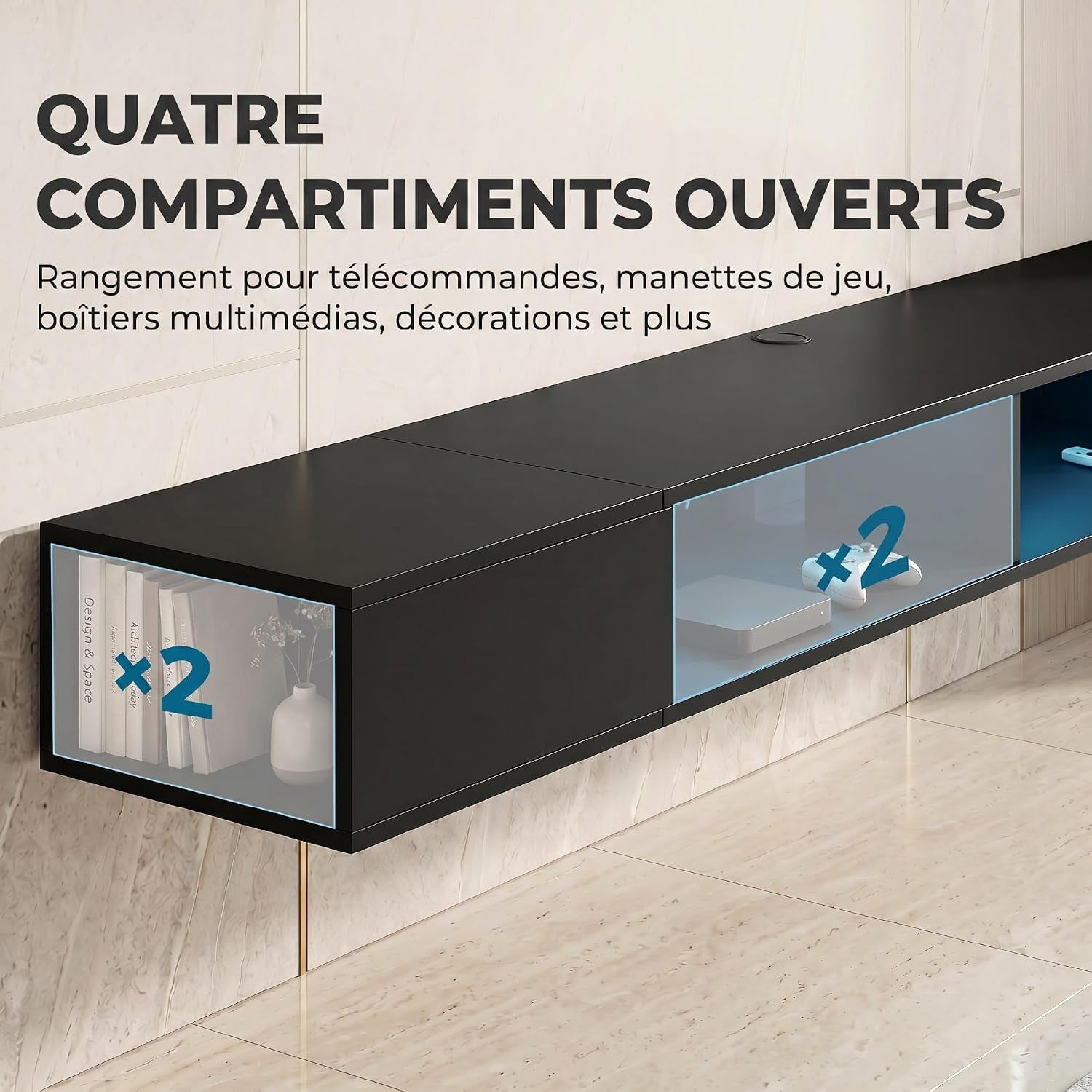 Meuble TV Suspendu 180 Cm Avec LED RGB Pour TV 75 Pouces Noir | Meuble Télé, Étagères Ouvertes, Banc TV Mural Pour Salon