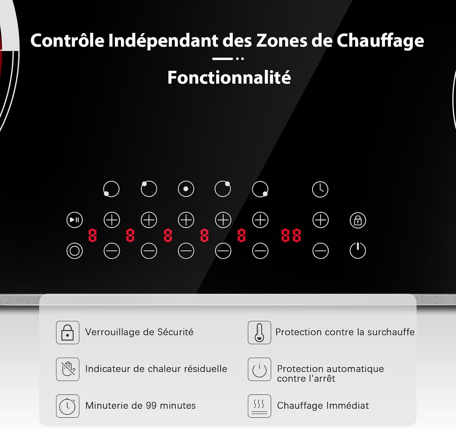 Plaque Vitrocéramique 5 Feux Avec Cadre | Plaque Électrique Encastrable 77CM, Contrôle Tactile Indépendant, 8400W, Zone Ovale Pour Grillade, Pause, Minuterie, 220V