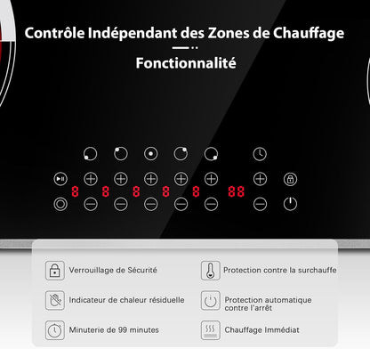 Plaque Vitrocéramique 5 Feux Avec Cadre | Plaque Électrique Encastrable 77CM, Contrôle Tactile Indépendant, 8400W, Zone Ovale Pour Grillade, Pause, Minuterie, 220V