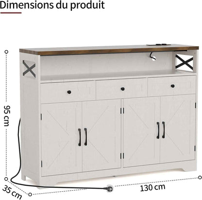Meuble De Rangement, Buffet, Avec Placard 4 Portes, 3 Tiroirs, Enfilade Avec Étagère Ouverte, Pour Salle À Manger, Salon, Cuisine, Entrée, 130 X 35 X 95 Cm, Blanc