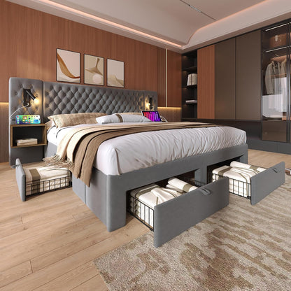 Lit 180X200 Avec Sommier LED Et USB Et 2 Tables De Chevet, Lit Coffre 180X200 Avec 4 Tiroirs Et Tete, Lit Double Avec À Lattes 2 Personnes, Lit Rembourré Cadre De Velours (Sans Matelas)