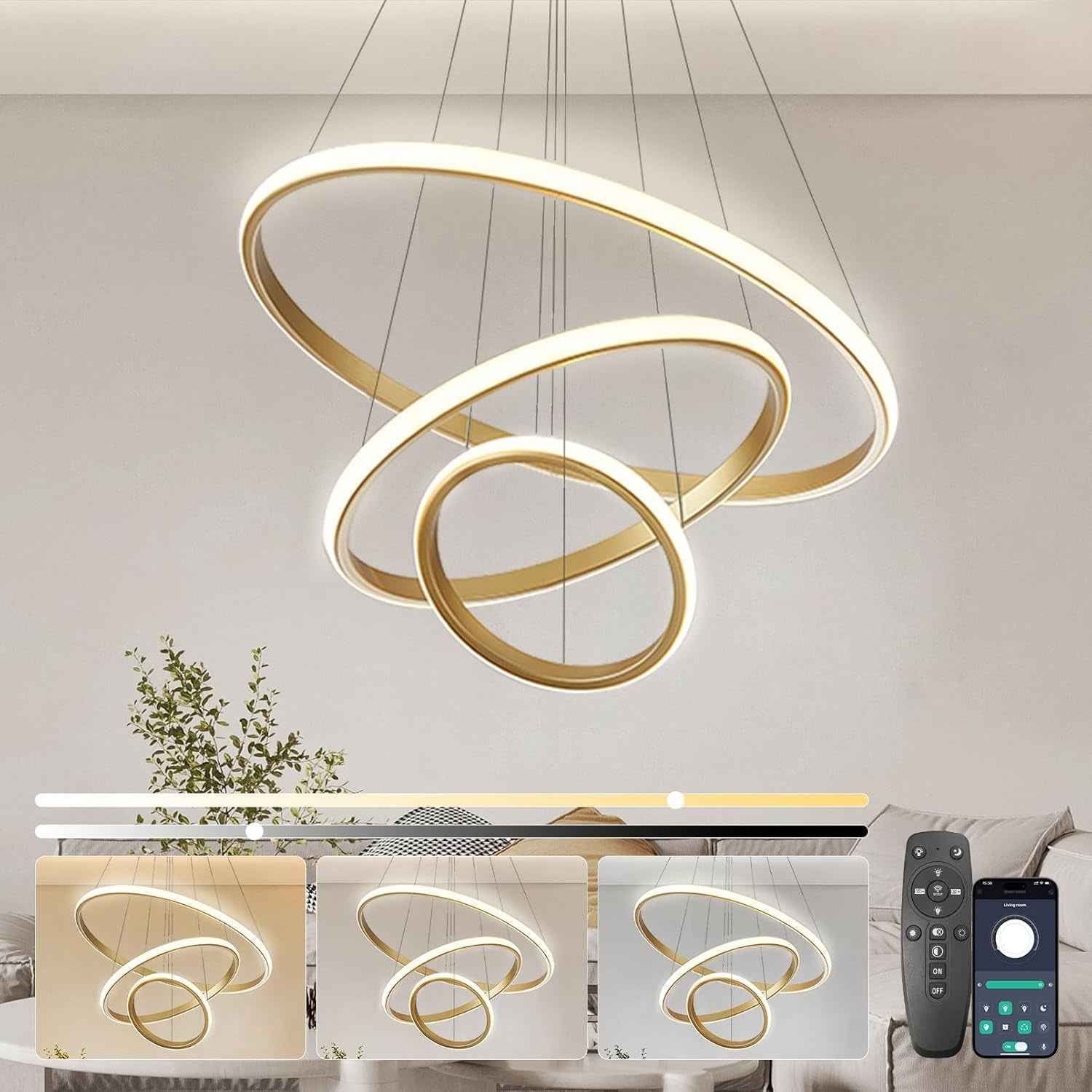 Lustre Salon 3 Anneaux Moderne, 45W Suspension Led Salon Luminaire Chambre Dimmables Lampe Suspension Avec Télécommande & APP Contrôle Acrylique Rond or 2700K-6500K Luminosité Réglable