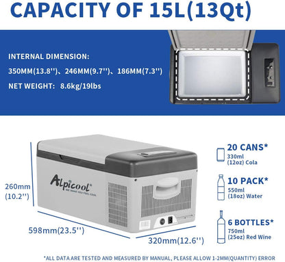 C15 Électrique Réfrigérateur Portable Réfrigérateur De Voiture 12/24V Camping Congélateur Pour Maison,Voiture Ou Camion 20°C À -20°C/15 L