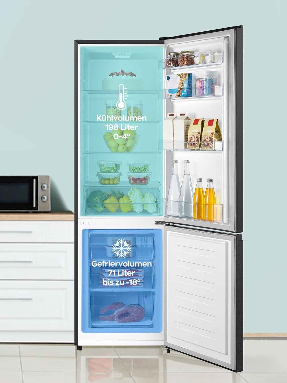 Réfrigérateur-Congélateur 269 Litres, Volume De Refroidissement 198 L, Congélateur 71 L, Éclairage LED, Charnière De Porte De Réfrigérateur Interchangeable, Silencieux 39 Db, Grandes Boîtes