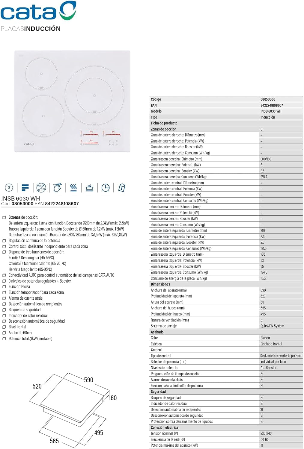 , Plaque D'Induction, Modèle INSB 6003 WH, 3 Zones De Cuisson, 9 Niveaux De Puissance + Booster 52X60X6Cm Blanc