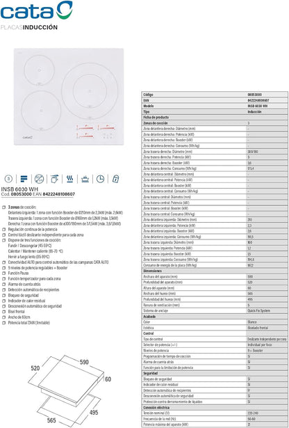 , Plaque D'Induction, Modèle INSB 6003 WH, 3 Zones De Cuisson, 9 Niveaux De Puissance + Booster 52X60X6Cm Blanc